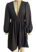 Plunge V Neck Smocked Waist Mini Dress - Black