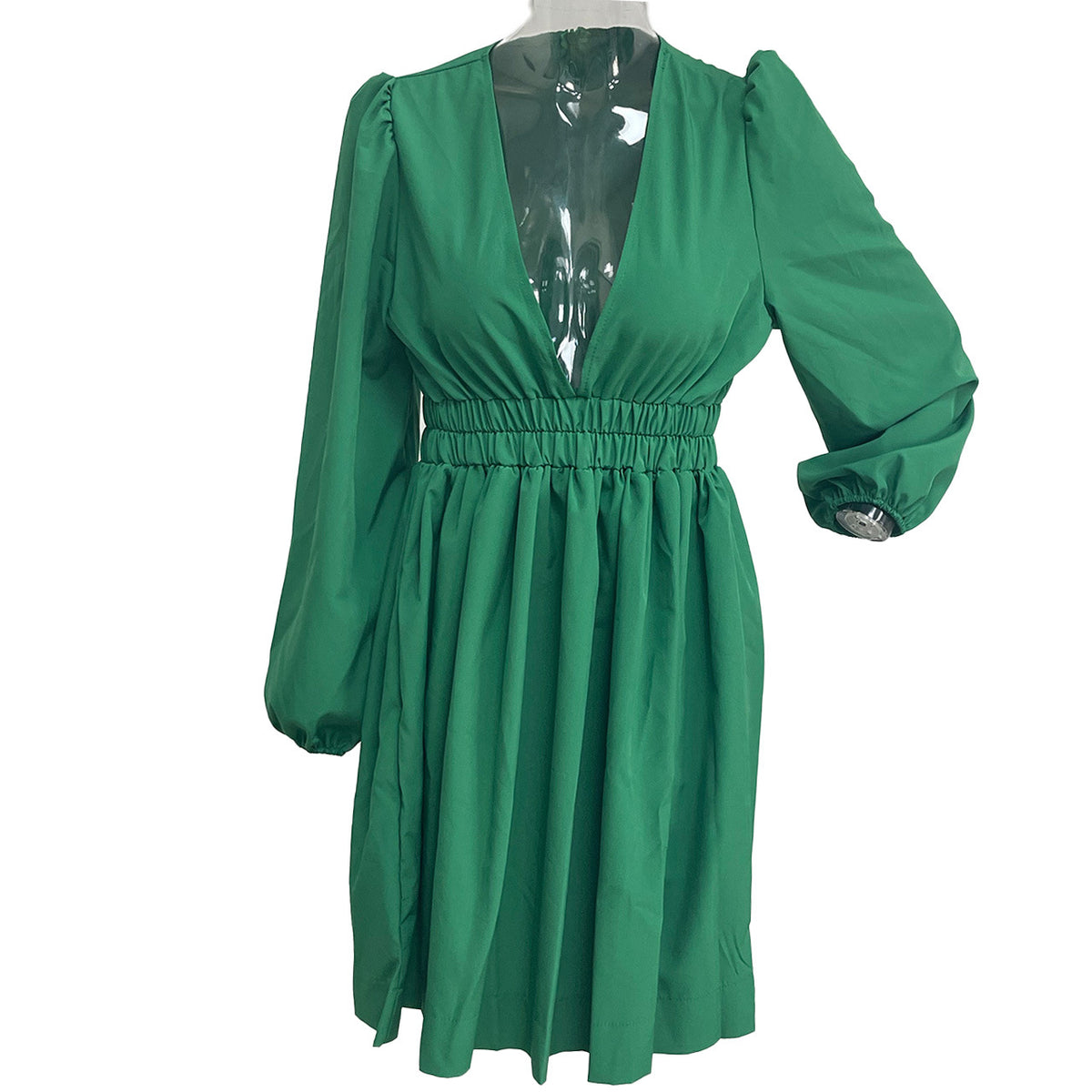 Plunge V Neck Smocked Waist Mini Dress - Green