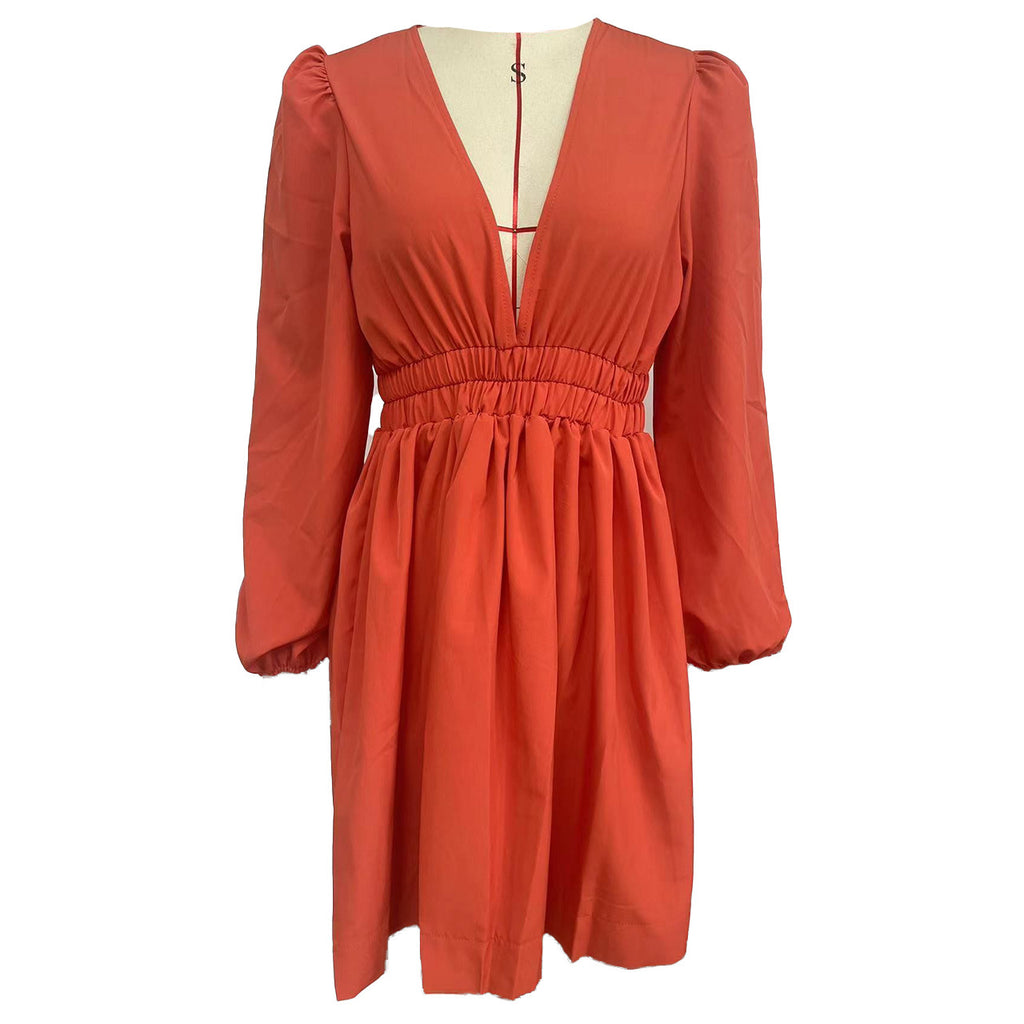 Plunge V Neck Smocked Waist Mini Dress - Orange