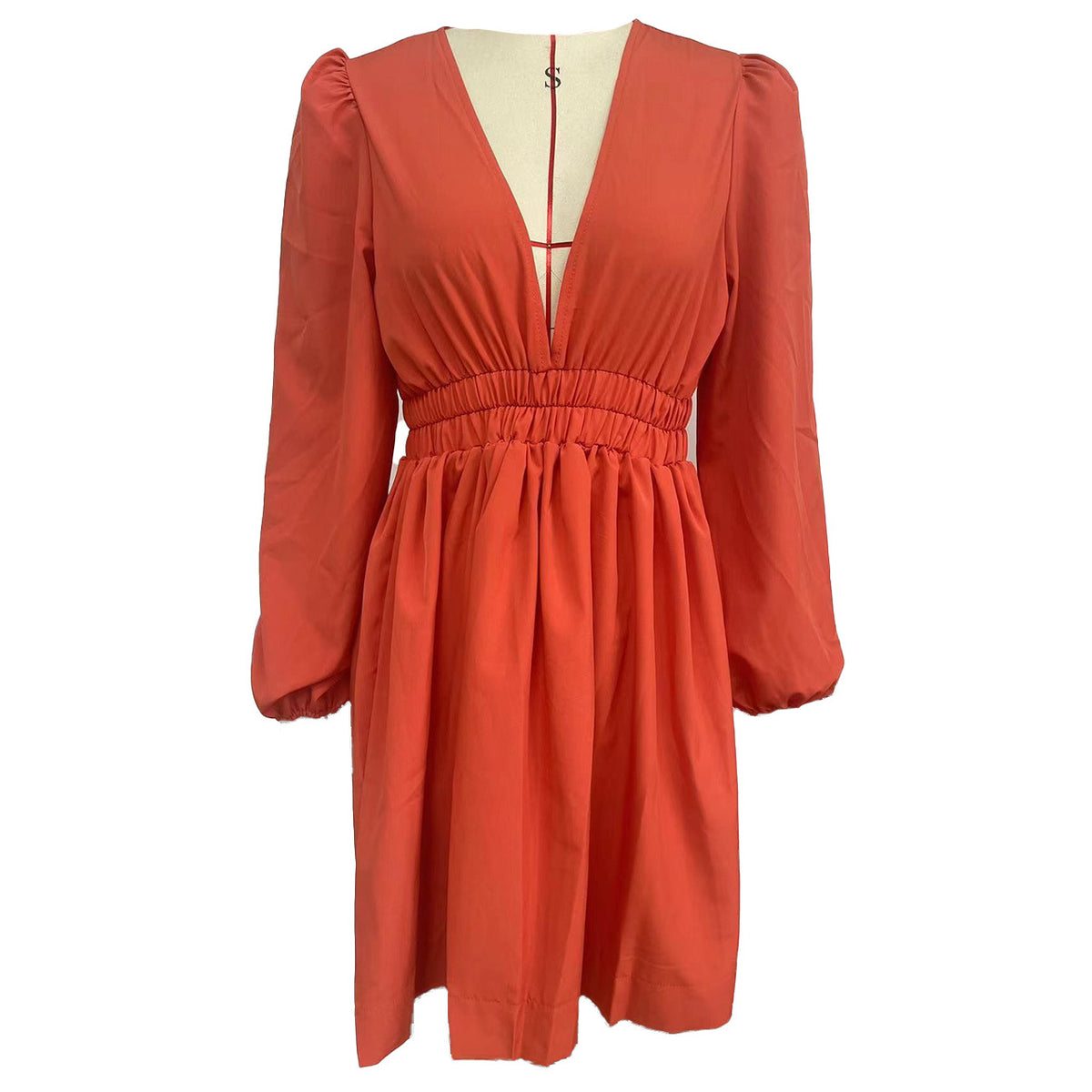 Plunge V Neck Smocked Waist Mini Dress - Orange