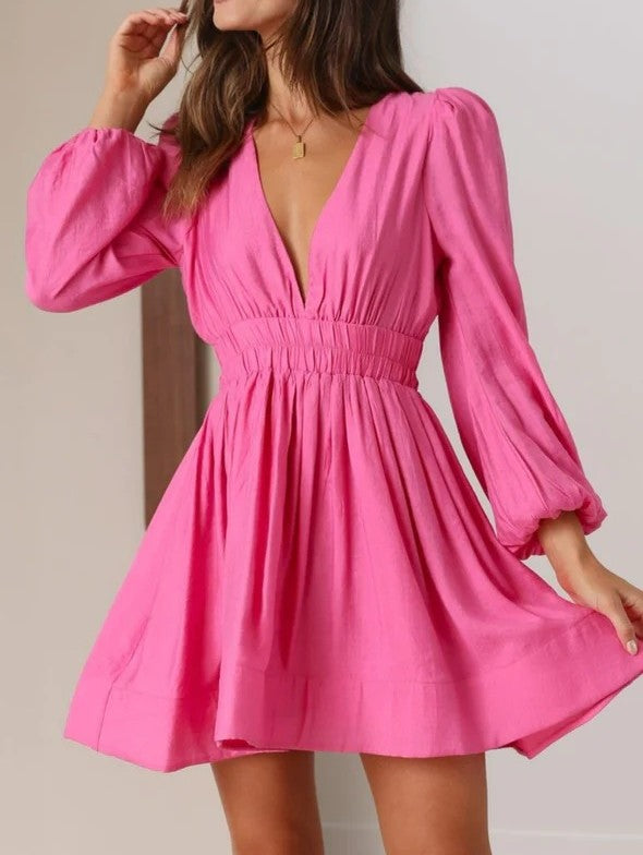 Plunge V Neck Smocked Waist Mini Dress - Pink