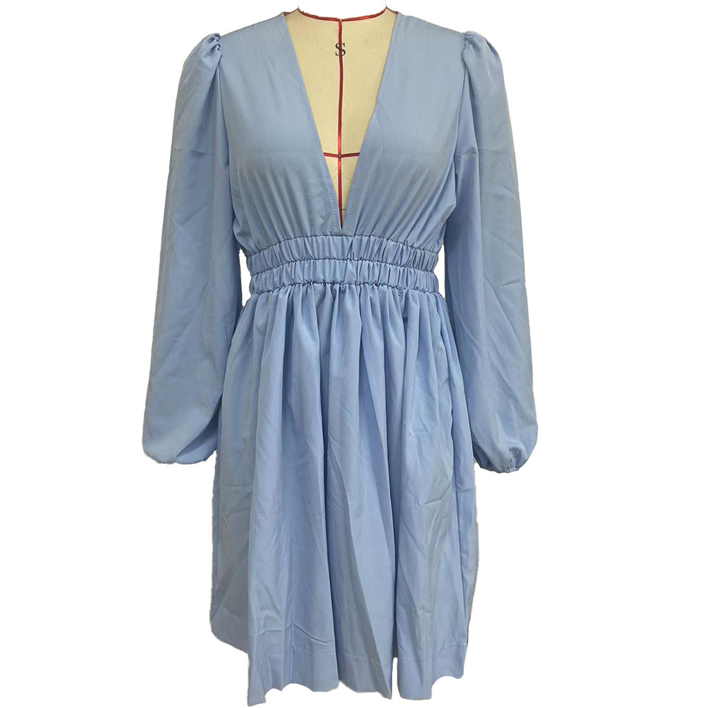 Plunge V Neck Smocked Waist Mini Dress - SkyBlue