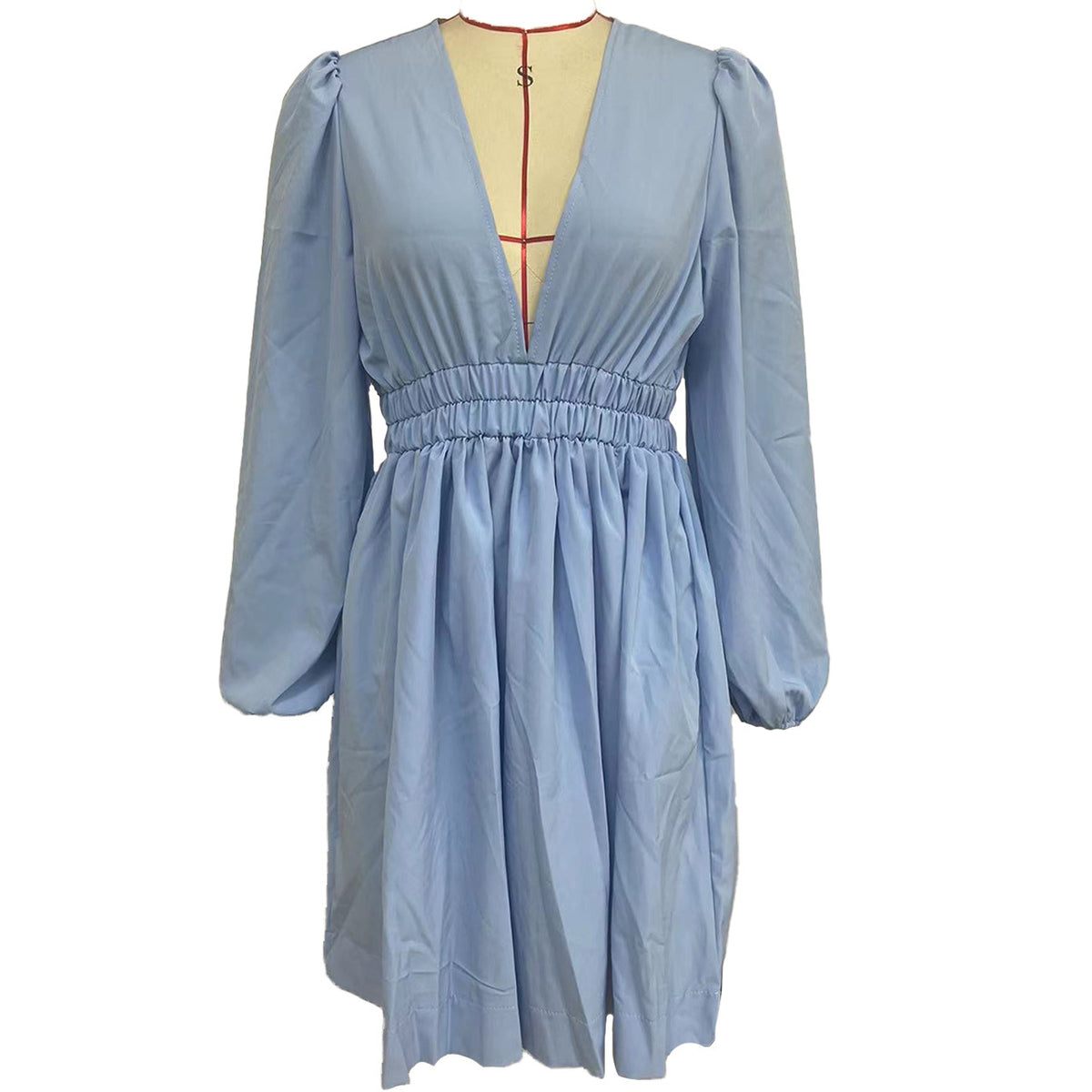 Plunge V Neck Smocked Waist Mini Dress - SkyBlue