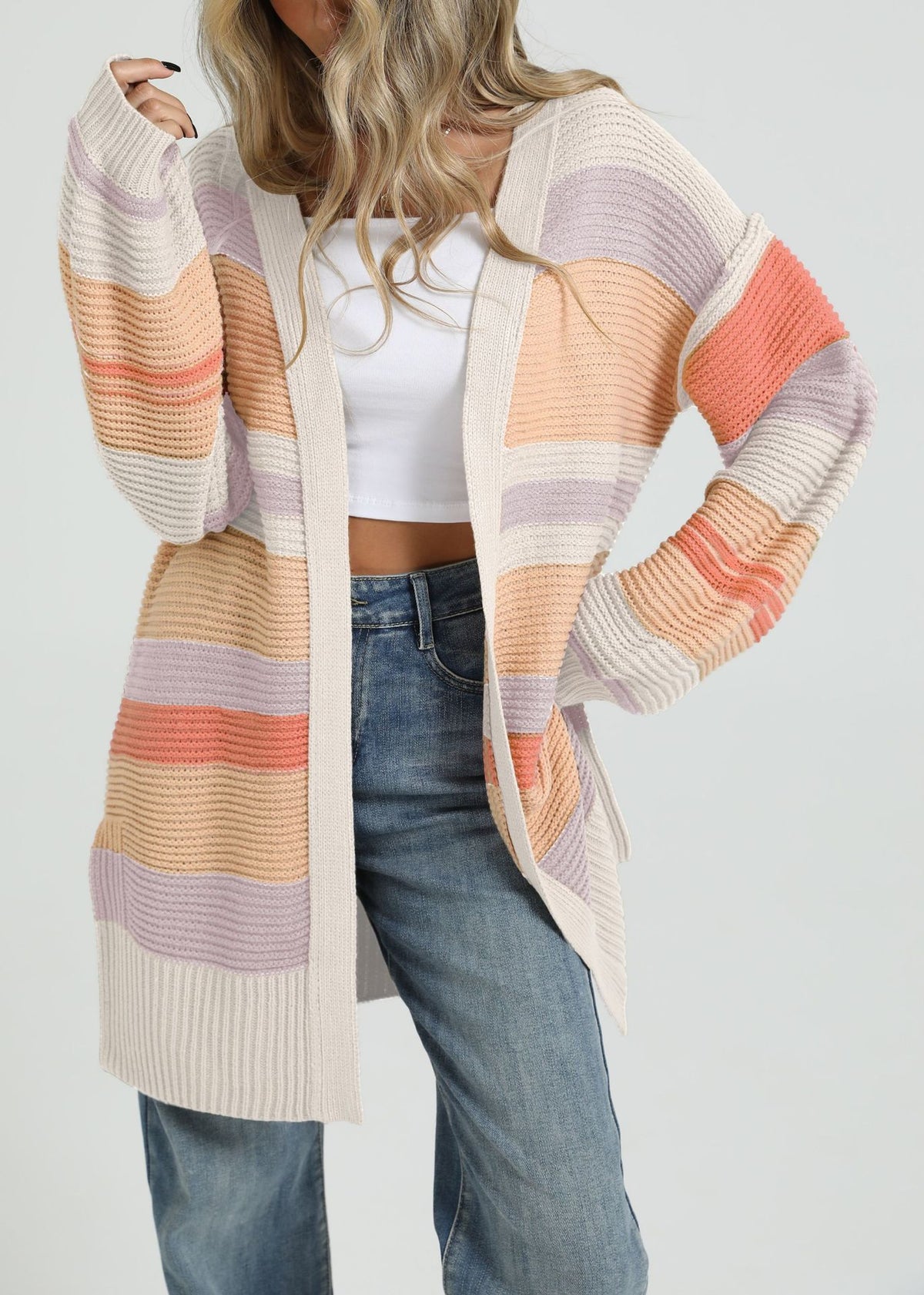 Duster Length Multi Stripe Knit Cardigan - Apricot