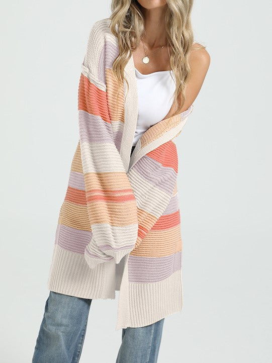 Duster Length Multi Stripe Knit Cardigan - Apricot - 1