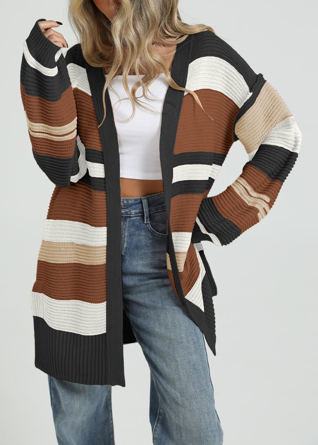 Duster Length Multi Stripe Knit Cardigan - Black
