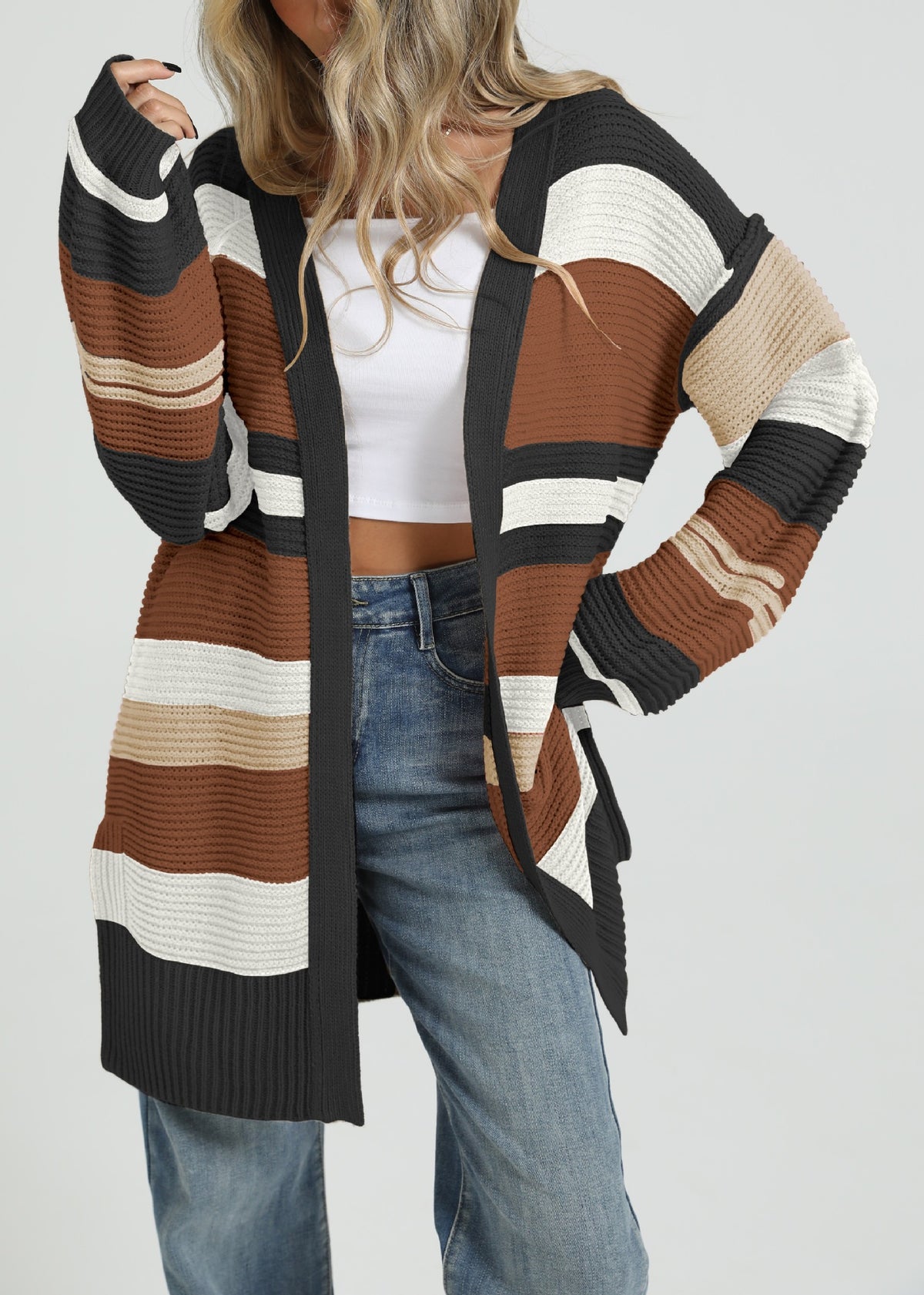 Duster Length Multi Stripe Knit Cardigan - Black
