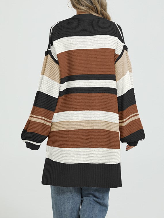 Duster Length Multi Stripe Knit Cardigan - Black - 1