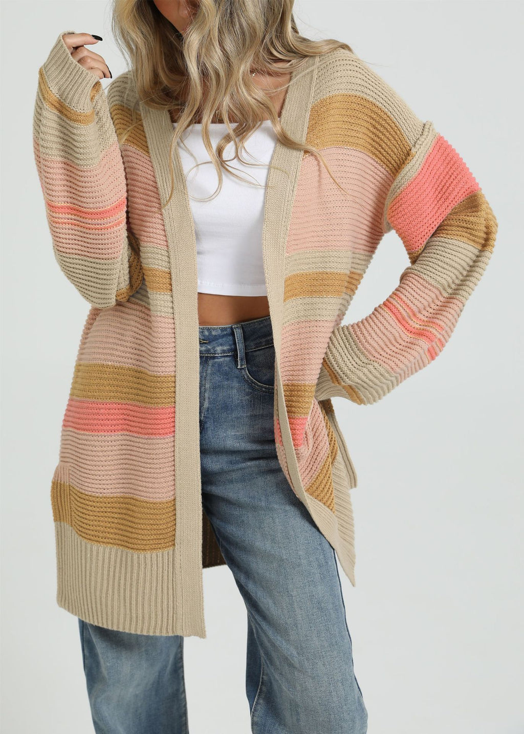 Duster Length Multi Stripe Knit Cardigan - Khaki