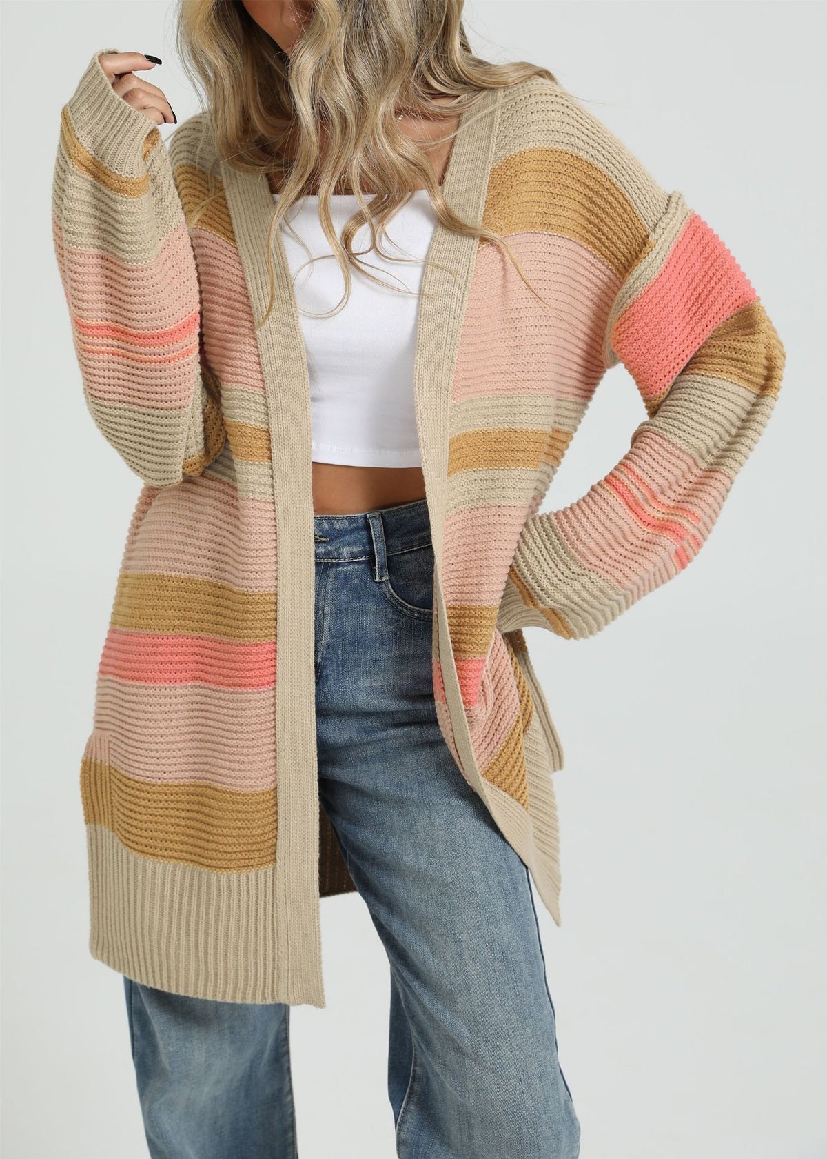 Duster Length Multi Stripe Knit Cardigan - Khaki