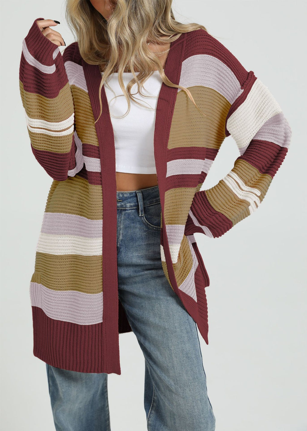 Duster Length Multi Stripe Knit Cardigan - WineRed