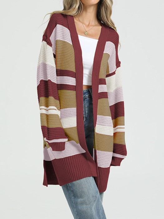 Duster Length Multi Stripe Knit Cardigan - WineRed - 1