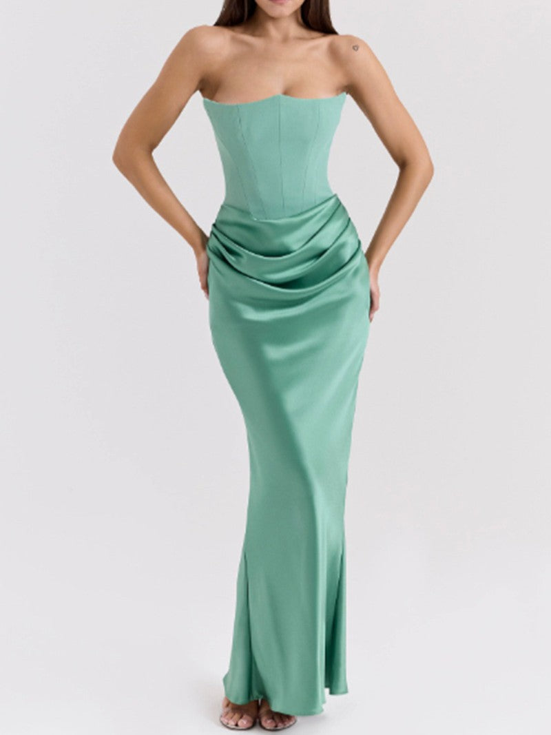 Ruched Satin Maxi Dress with Fishtail Hem - Green