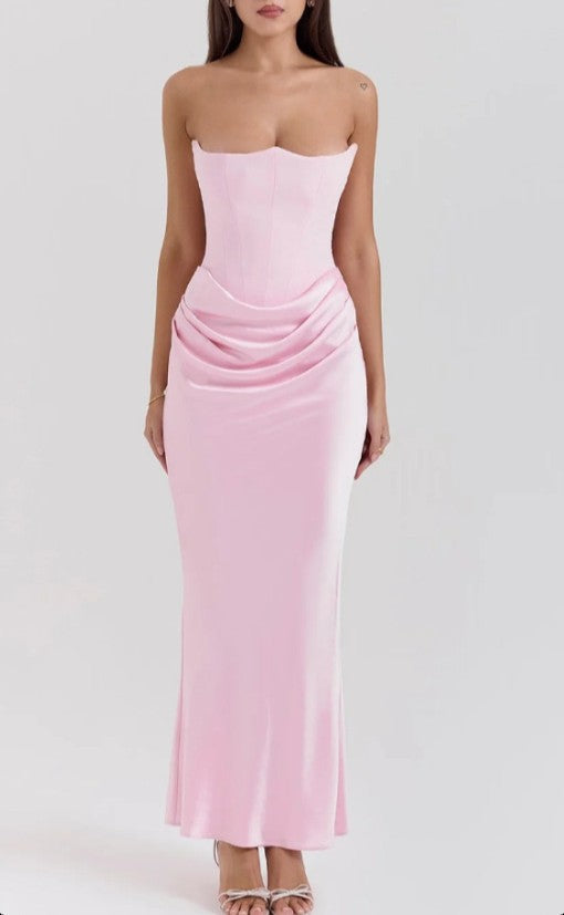 Ruched Satin Maxi Dress with Fishtail Hem - Pink