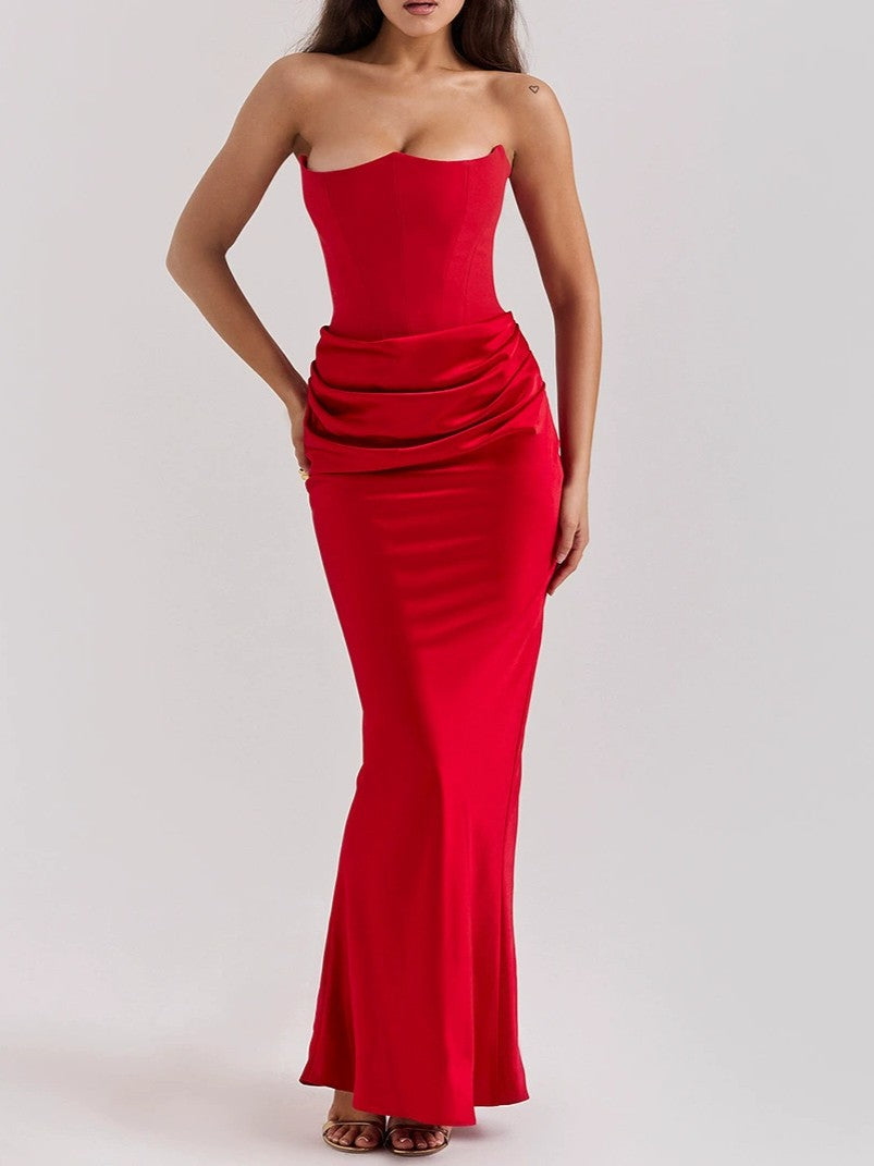 Ruched Satin Maxi Dress with Fishtail Hem - Red