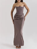 Ruched Satin Maxi Dress with Fishtail Hem - SmokeGrey
