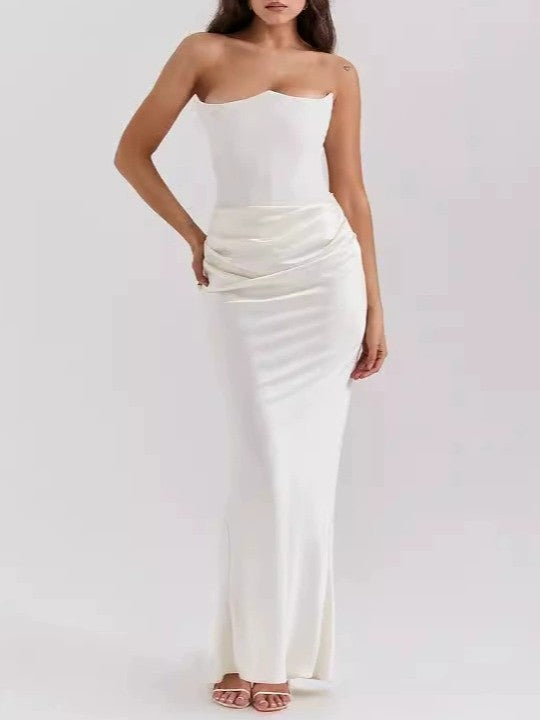 Ruched Satin Maxi Dress with Fishtail Hem - White