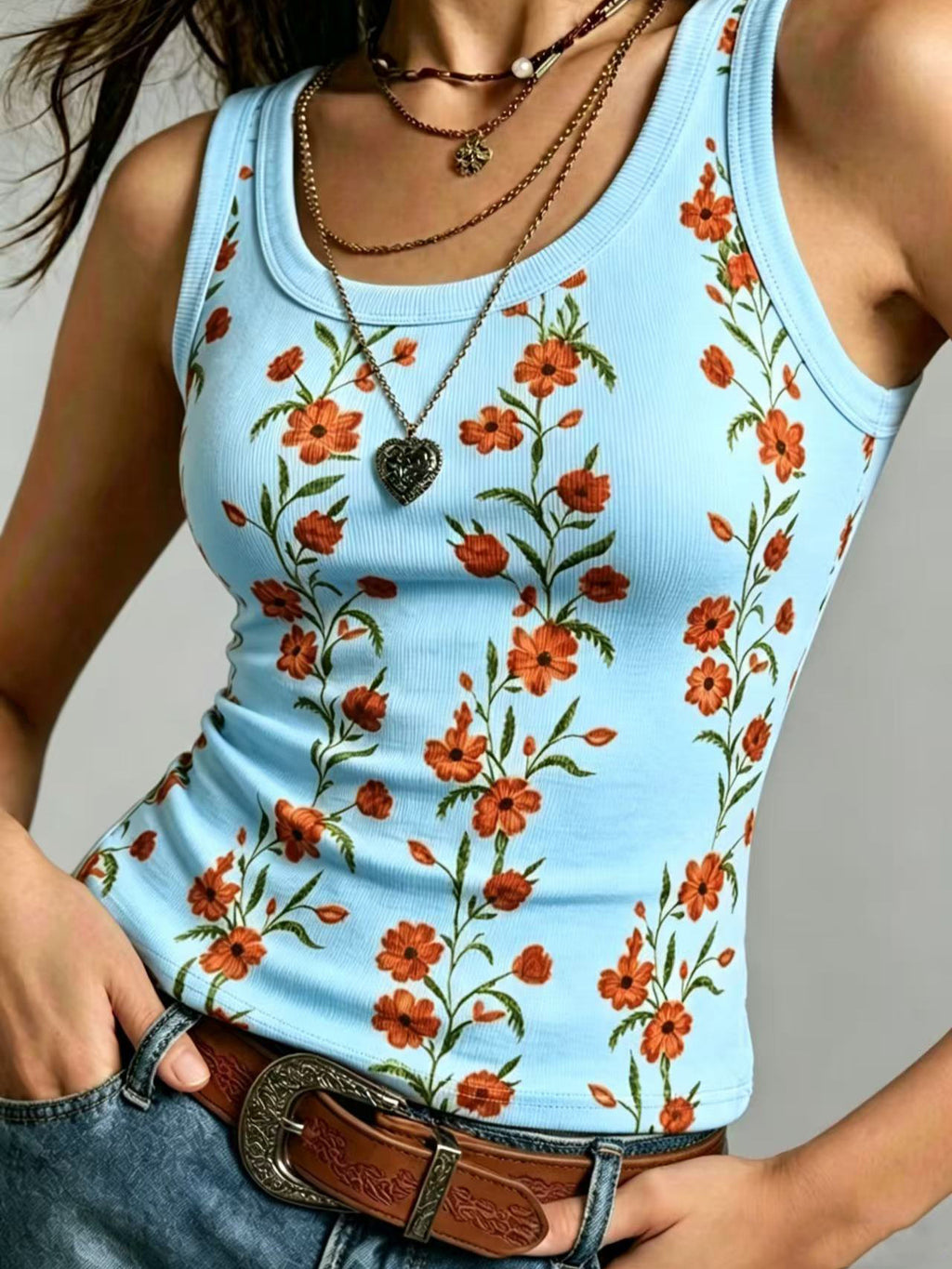 Ribbed Knit Floral Print Slim-Fit Sleeveless Vest Top - SkyBlue
