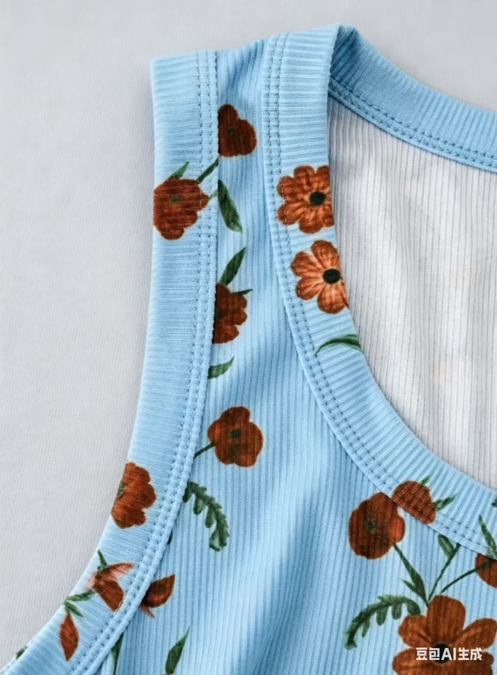 Ribbed Knit Floral Print Slim-Fit Sleeveless Vest Top - SkyBlue - 2