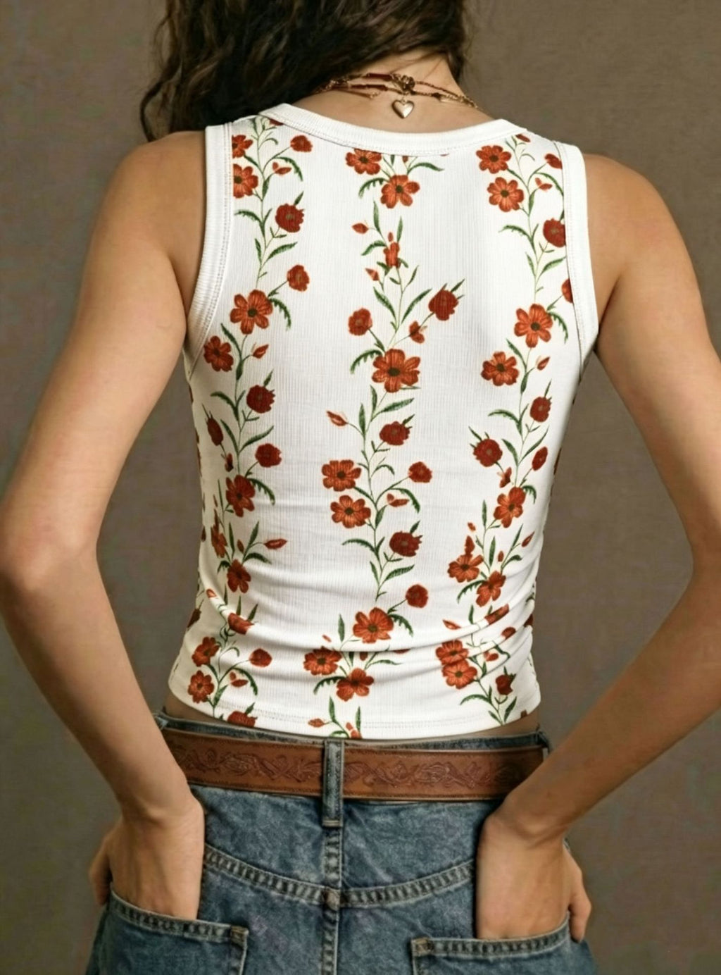 Ribbed Knit Floral Print Slim-Fit Sleeveless Vest Top - White - 3