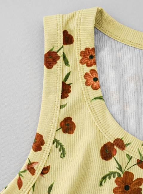 Ribbed Knit Floral Print Slim-Fit Sleeveless Vest Top - Yellow - 2