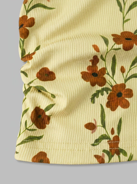 Ribbed Knit Floral Print Slim-Fit Sleeveless Vest Top - Yellow - 4