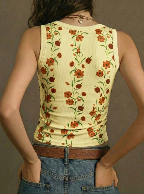 Ribbed Knit Floral Print Slim-Fit Sleeveless Vest Top - Yellow - 5