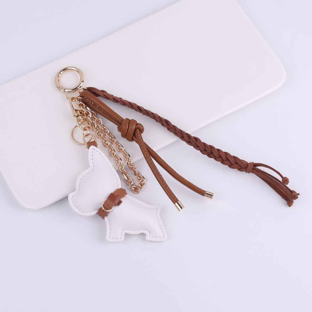 Leather Bulldog Braided Tassel Keychain - C2