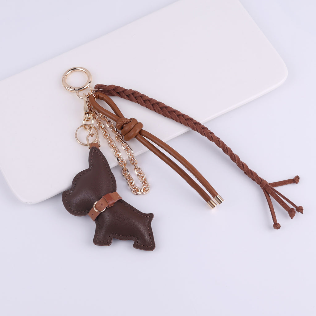 Leather Bulldog Braided Tassel Keychain - C3