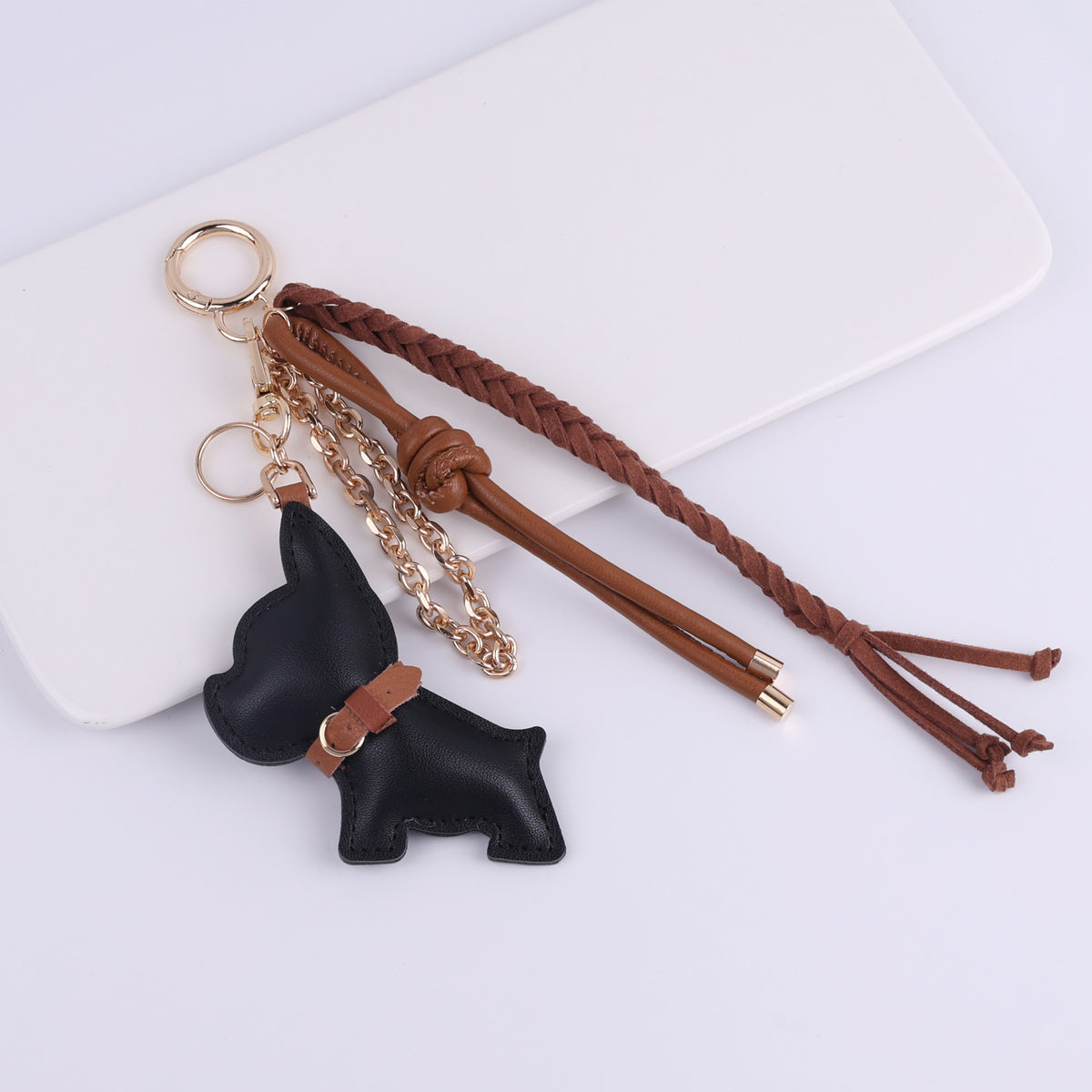Leather Bulldog Braided Tassel Keychain - C4