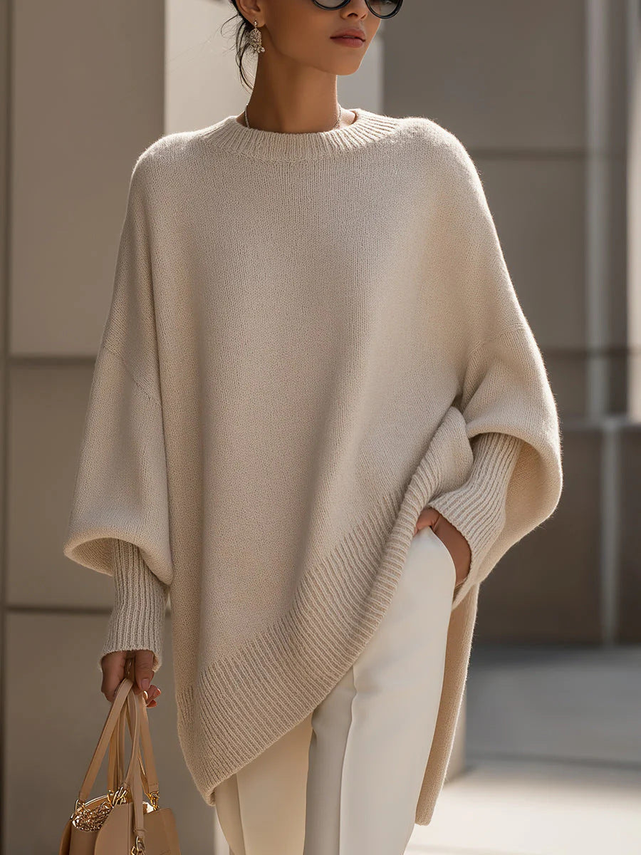 Asymmetric Hem Batwing Oversized Knit Sweater - Apricot