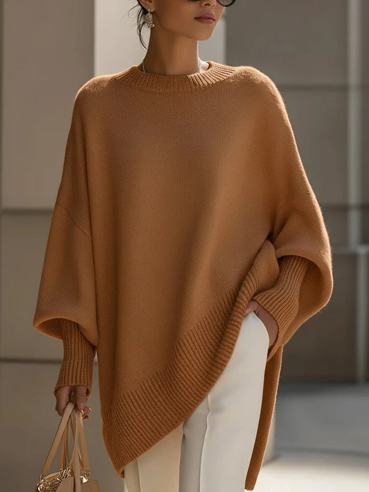 Asymmetric Hem Batwing Oversized Knit Sweater - Brown