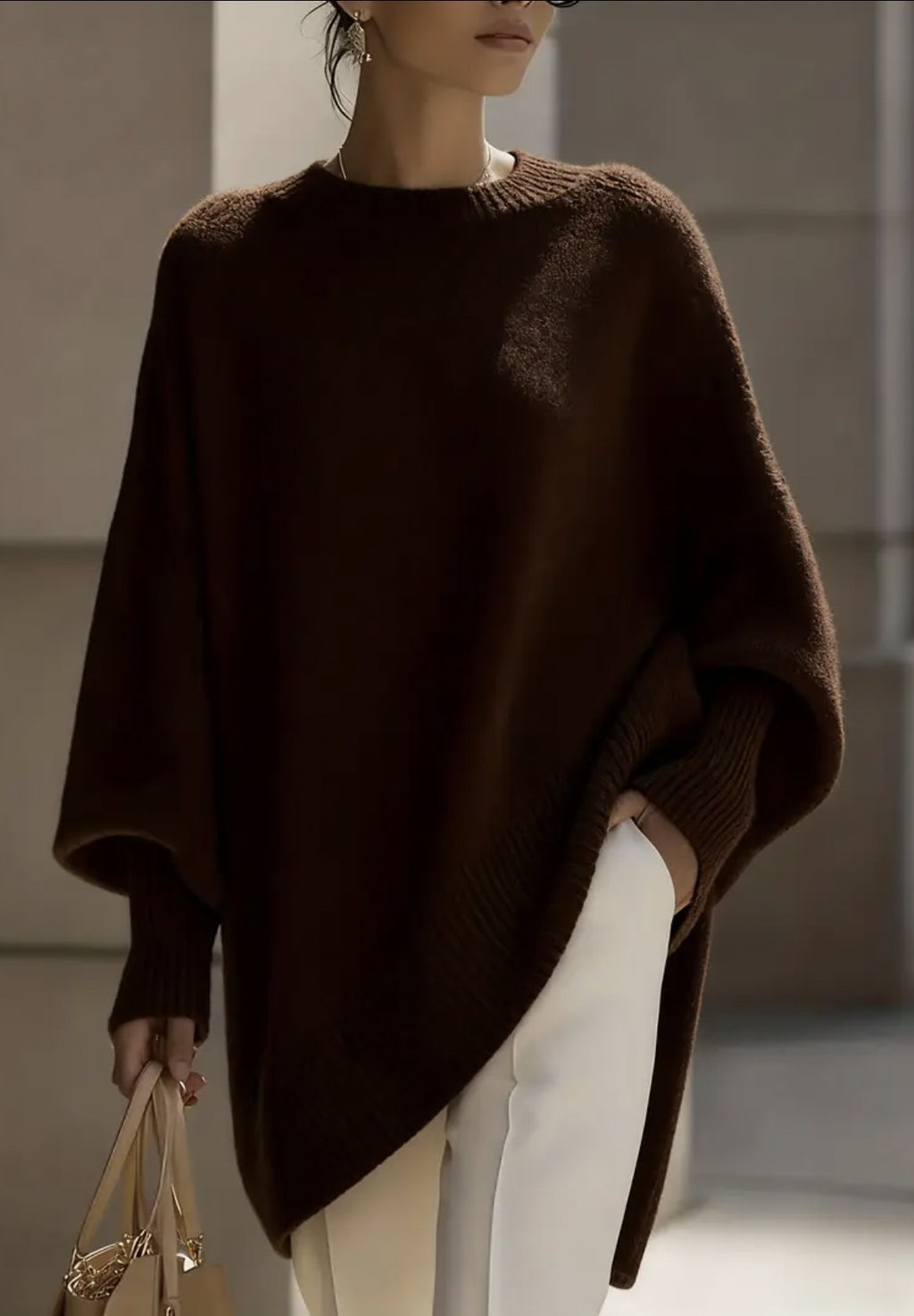Asymmetric Hem Batwing Oversized Knit Sweater - Coffee