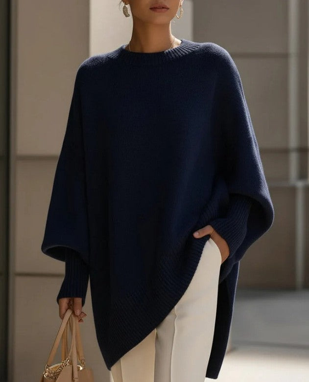 Asymmetric Hem Batwing Oversized Knit Sweater - Navy