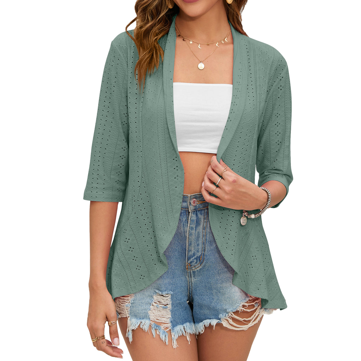Open Front Ruffle Hem Knit Top - Green