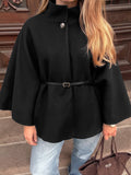 Black Brushed Belted Wide Sleeve Swing Cape Coat - Black