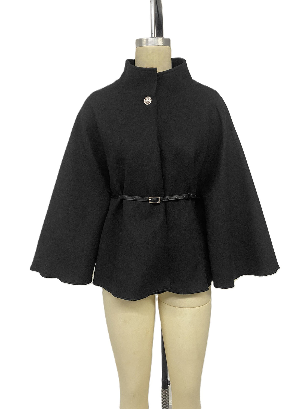 Black Brushed Belted Wide Sleeve Swing Cape Coat - Black - 1
