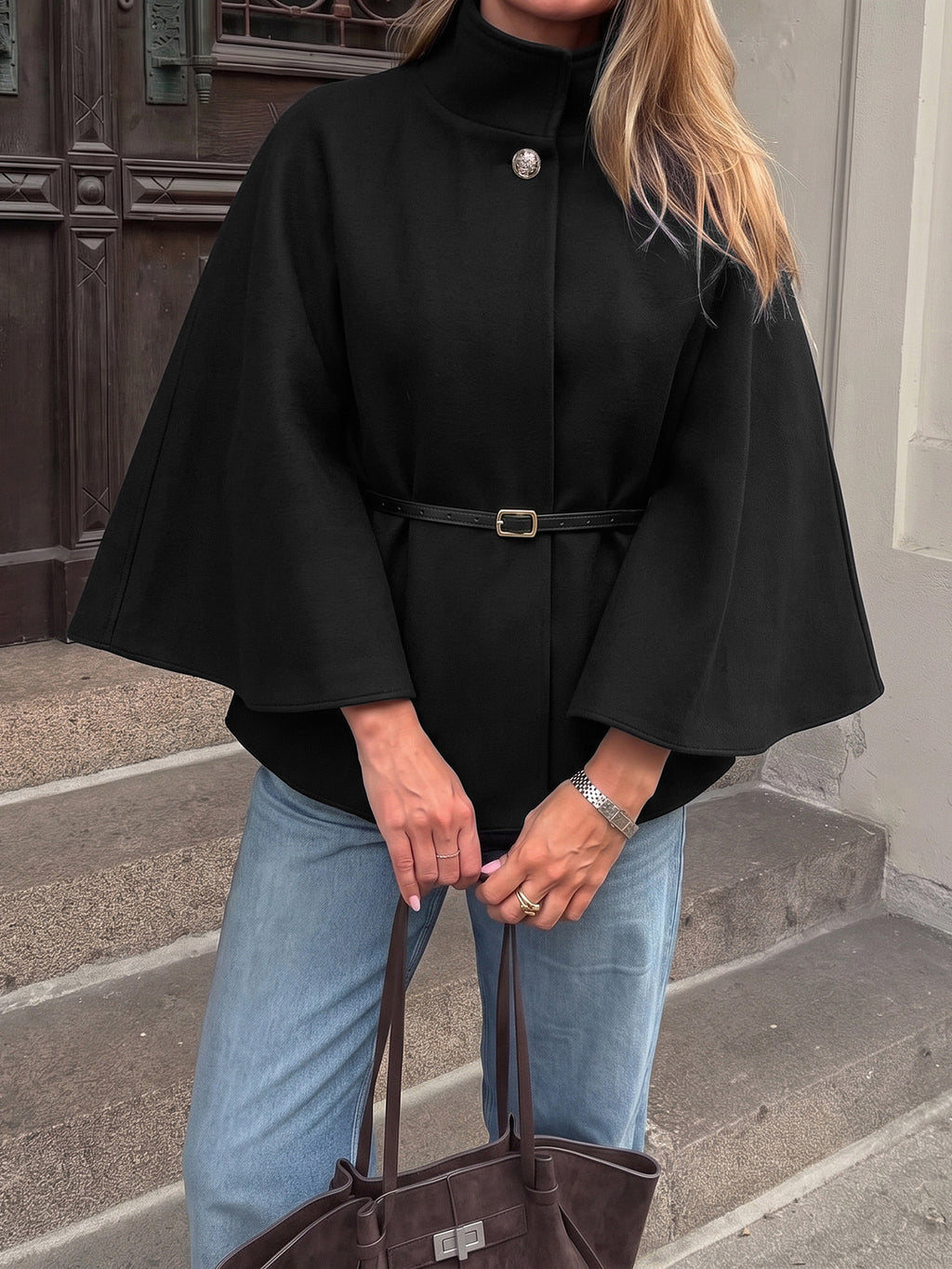 Black Brushed Belted Wide Sleeve Swing Cape Coat - Black - 3