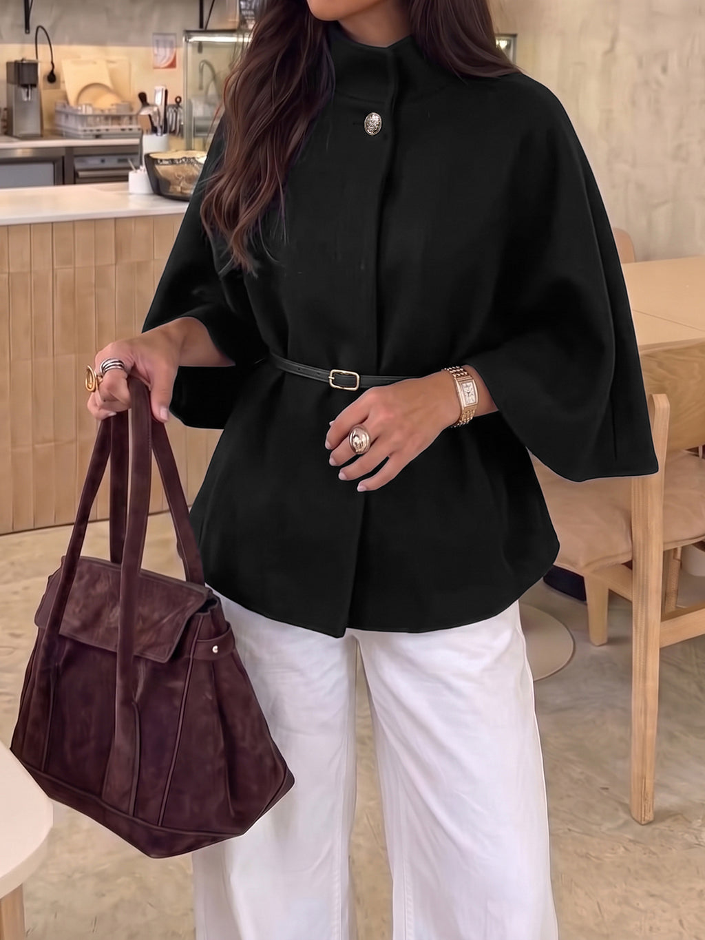 Black Brushed Belted Wide Sleeve Swing Cape Coat - Black - 4