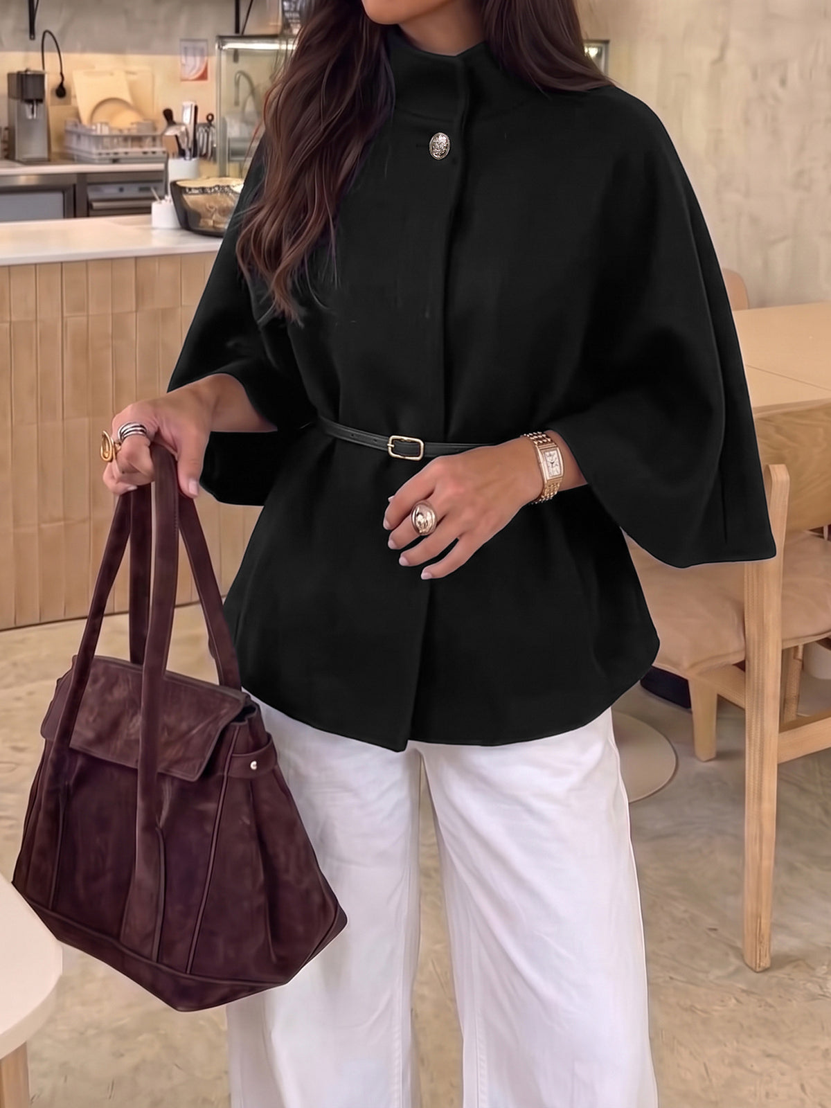 Black Brushed Belted Wide Sleeve Swing Cape Coat - Black - 4