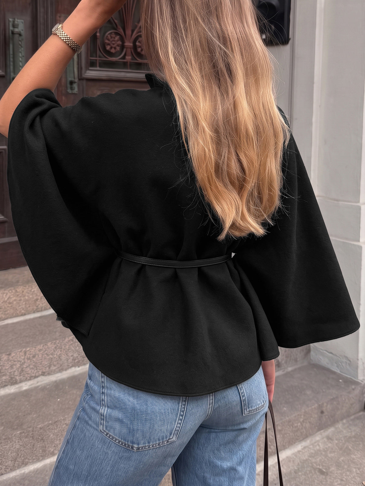 Black Brushed Belted Wide Sleeve Swing Cape Coat - Black - 5