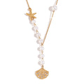 Pave Scallop Shell Pearl Chain Necklace - Gold