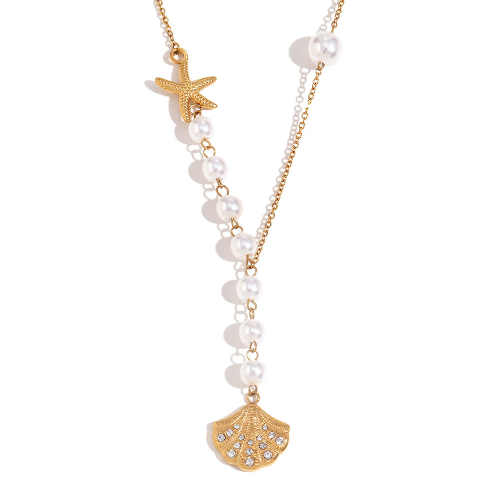 Pave Scallop Shell Pearl Chain Necklace - Gold