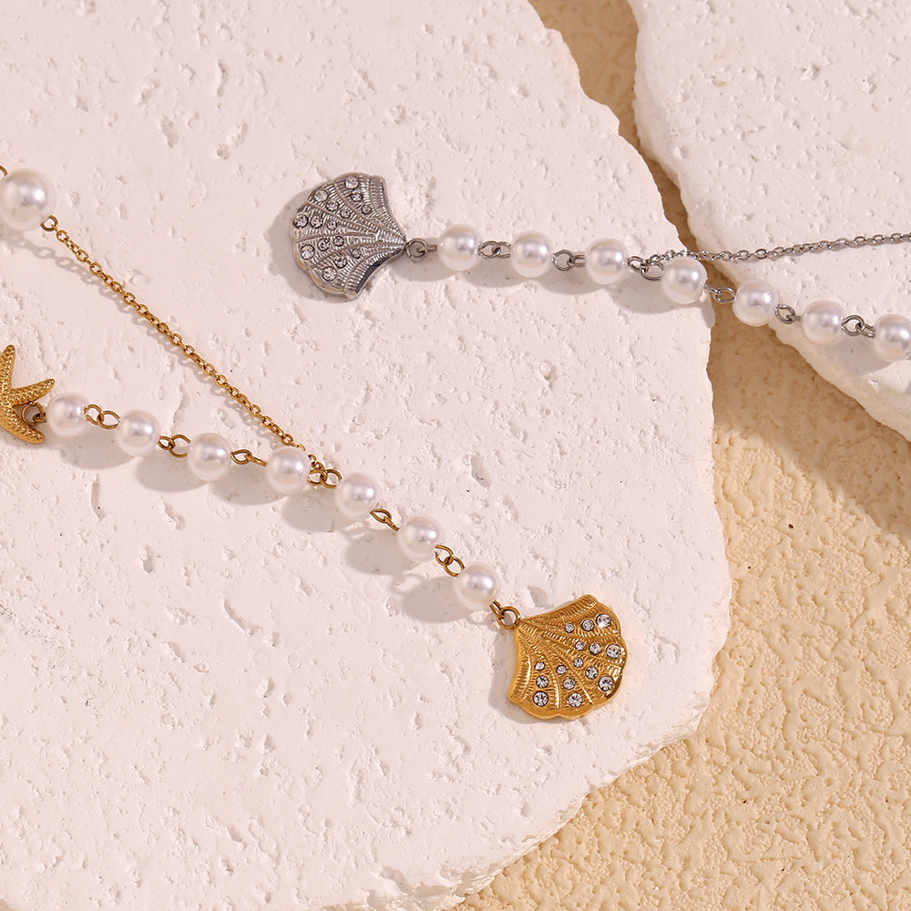 Pave Scallop Shell Pearl Chain Necklace - Gold - 1