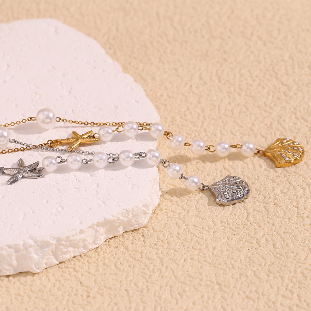 Pave Scallop Shell Pearl Chain Necklace - Gold - 2