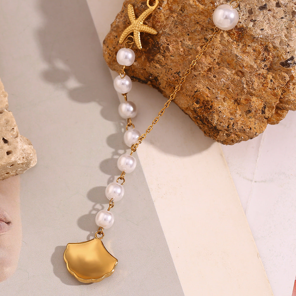Pave Scallop Shell Pearl Chain Necklace - Gold - 3
