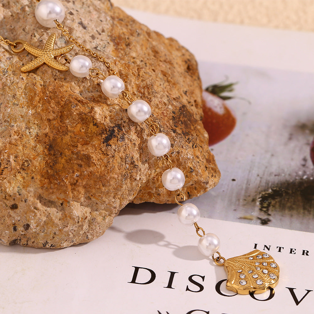 Pave Scallop Shell Pearl Chain Necklace - Gold - 4