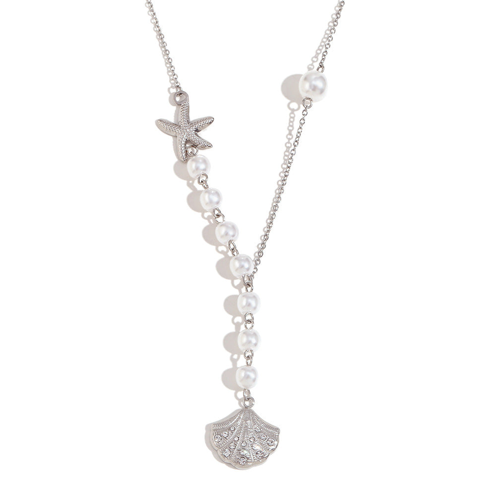 Pave Scallop Shell Pearl Chain Necklace - Silvery