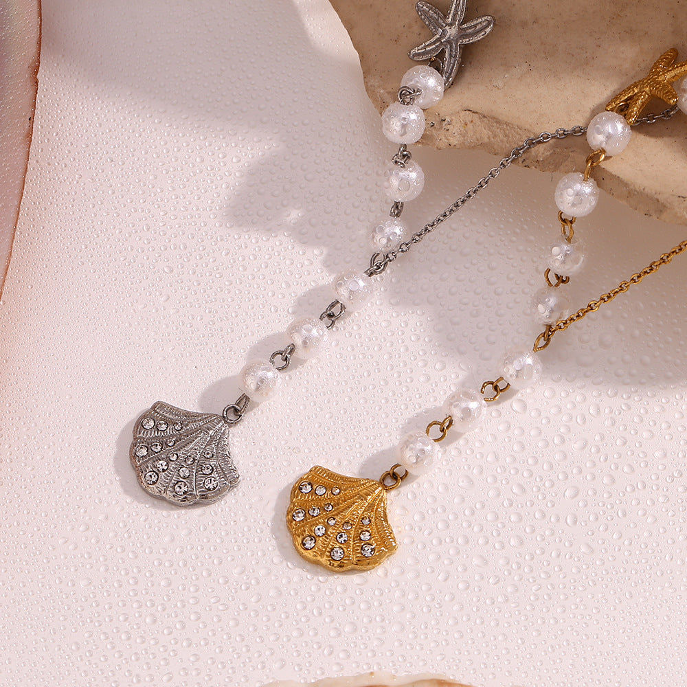 Pave Scallop Shell Pearl Chain Necklace - Silvery - 3