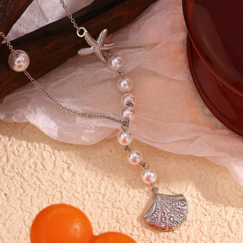 Pave Scallop Shell Pearl Chain Necklace - Silvery - 4